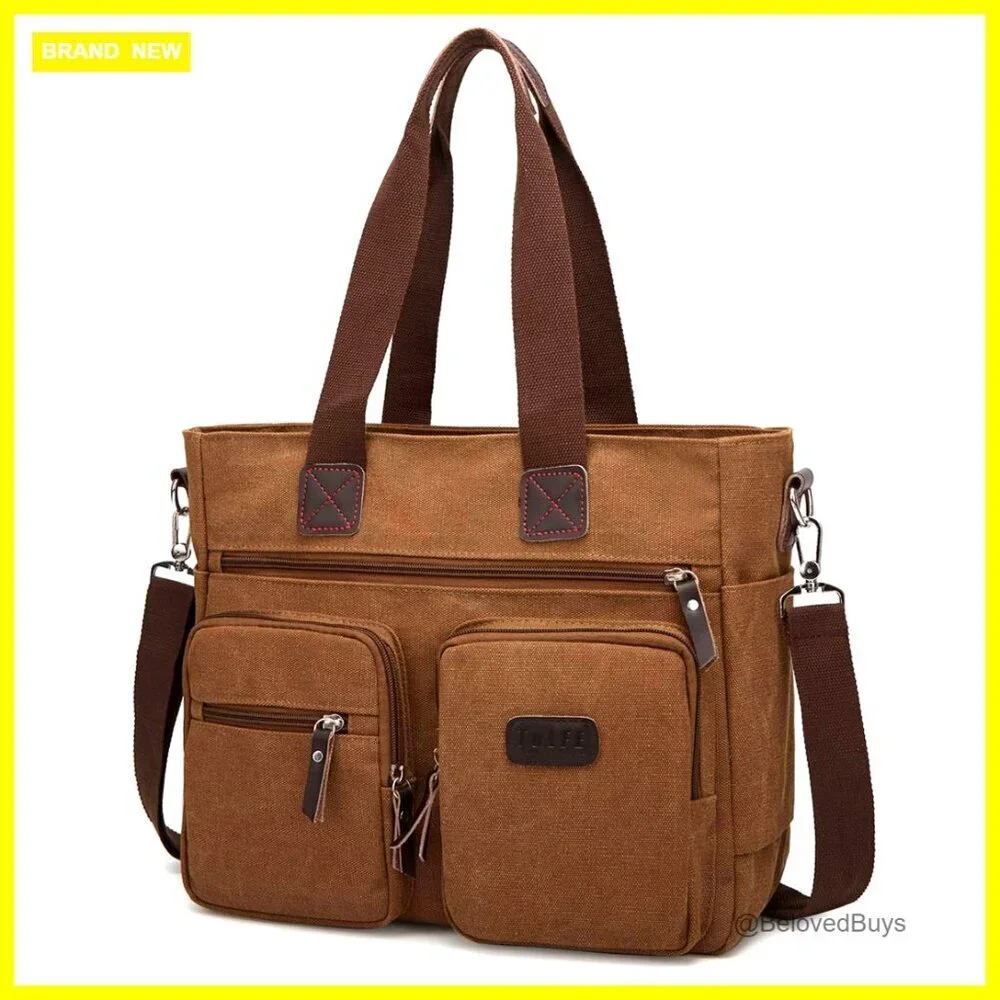 Canvas Satchel Tote with Adjustable Strap, Multiple Pockets, Work Travel Bag